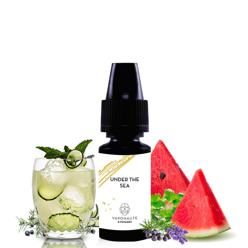 E-liquide Under The Sea saveurs menthe, gin, baie de genièvre, concombre, pastèque, lavance et coriandre - Vaponaute