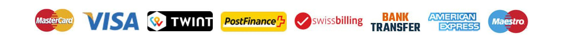 logo of our payment methods: Mastercard, Visa, Twint, PostFinance, Swissbilling, Virement Bancaire, American Express, Maestro