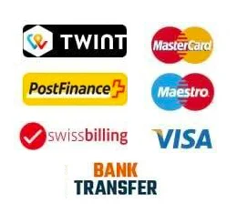 logo of our payment methods: Mastercard, Visa, Twint, PostFinance, Swissbilling, Virement Bancaire, American Express, Maestro